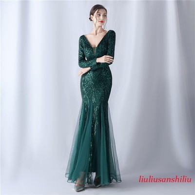 Hot Women Luxury Sequin Gown Deep V-Neck Formal Elegant Evening Dress Party