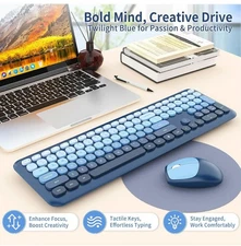 Wireless Keyboard and Mouse Set – Full Size Quiet Keys – 2.4G USB – Blue Retro D