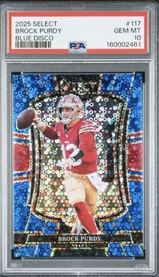 2025 Panini Select - Premier Level Brock Purdy #117 Blue Disco Prizm /25