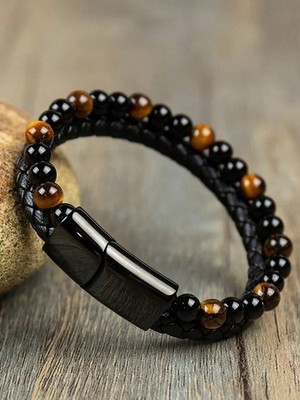 Men s Black Braided Double Layer Multicolor Yellow Tiger Eye Bracelet One Size