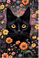 "New" Black Cat w/Mesmerizing Eyes, 2 Sided Burlap Type Garden/Yard Flag