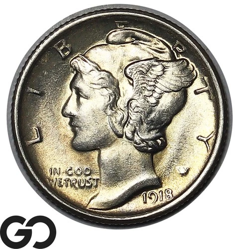 1918 Mercury Dime, Great Color, FSB, Gorgeous Solid Gem BU++ Full Split Bands