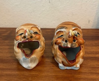 Pair of 2 Vintage Porcelain Open Mouth Clown Ashtrays, Japan
