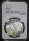 1925 S Peace Silver Dollar NGC MS62 Lustrous Better Date Coin