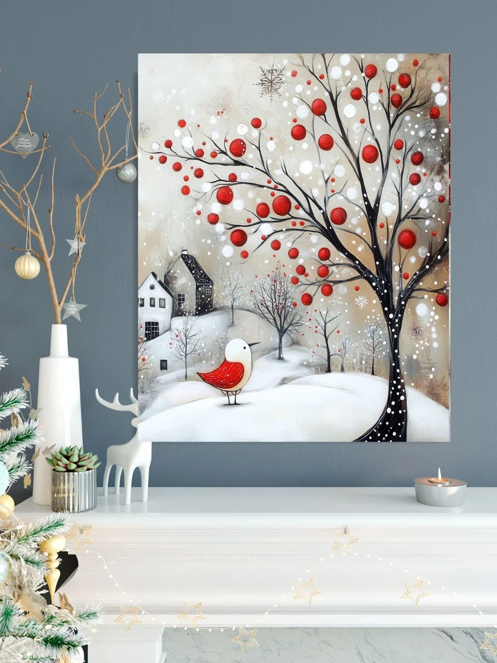 16x20 Minimalist Red and White Christmas Bird Canvas Wall Art Canvas Print - Image 2 of 4