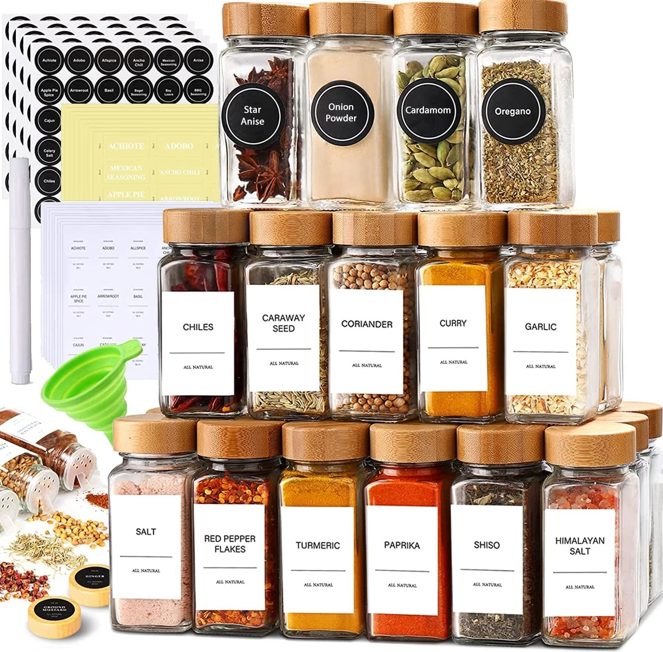 24-Piece Spice Jars Set by : Glass Jars with Bamboo Lids, Labels & Funnel, Ai...