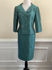 Rickie Freeman Teri Jon Size 8 Vintage Silk Wool Green Beaded Skirt Suit