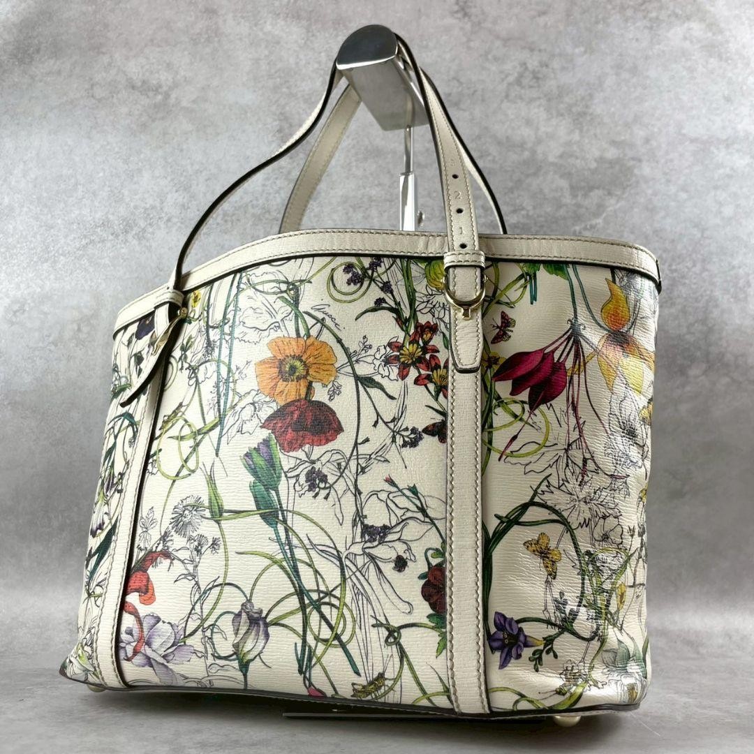 GUCCI Floral Botanical White Leather Tote Bag with Shoulder Strap Excellent