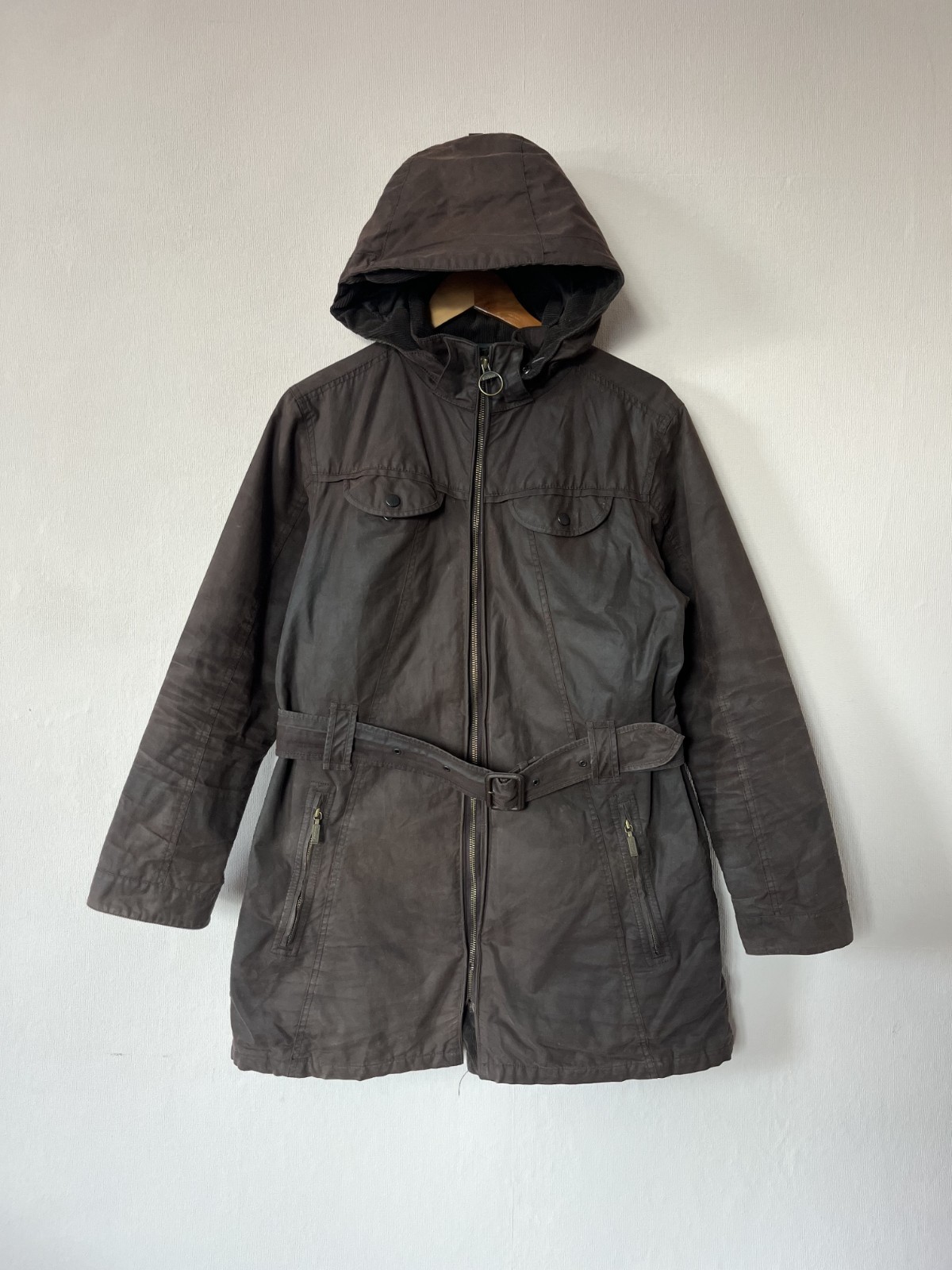Barbour Cameron Wax Women's Hooded Jacket Brown British Style US Size 16
