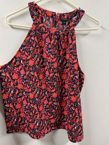 Ann Taylor Blouse Womens Floral Sleeveless Top Halter Style Red Blue