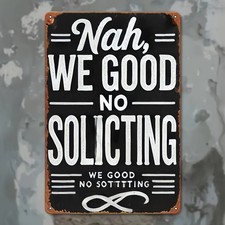 Vintage No Soliciting Metal Sign Funny Door Notice Distressed Home Wall Plaque