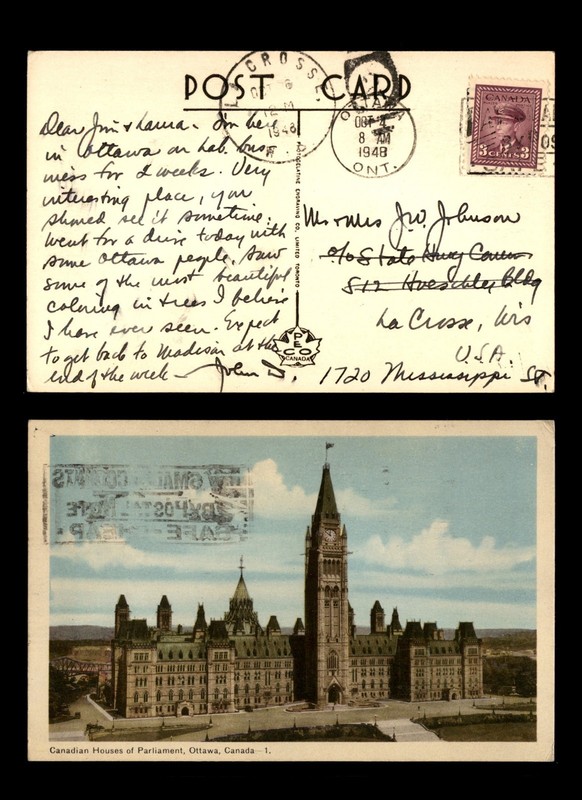 Mayfairstamps Canada 1948 Ottawa to La Crosse WI House Parliament Postcard cca_0
