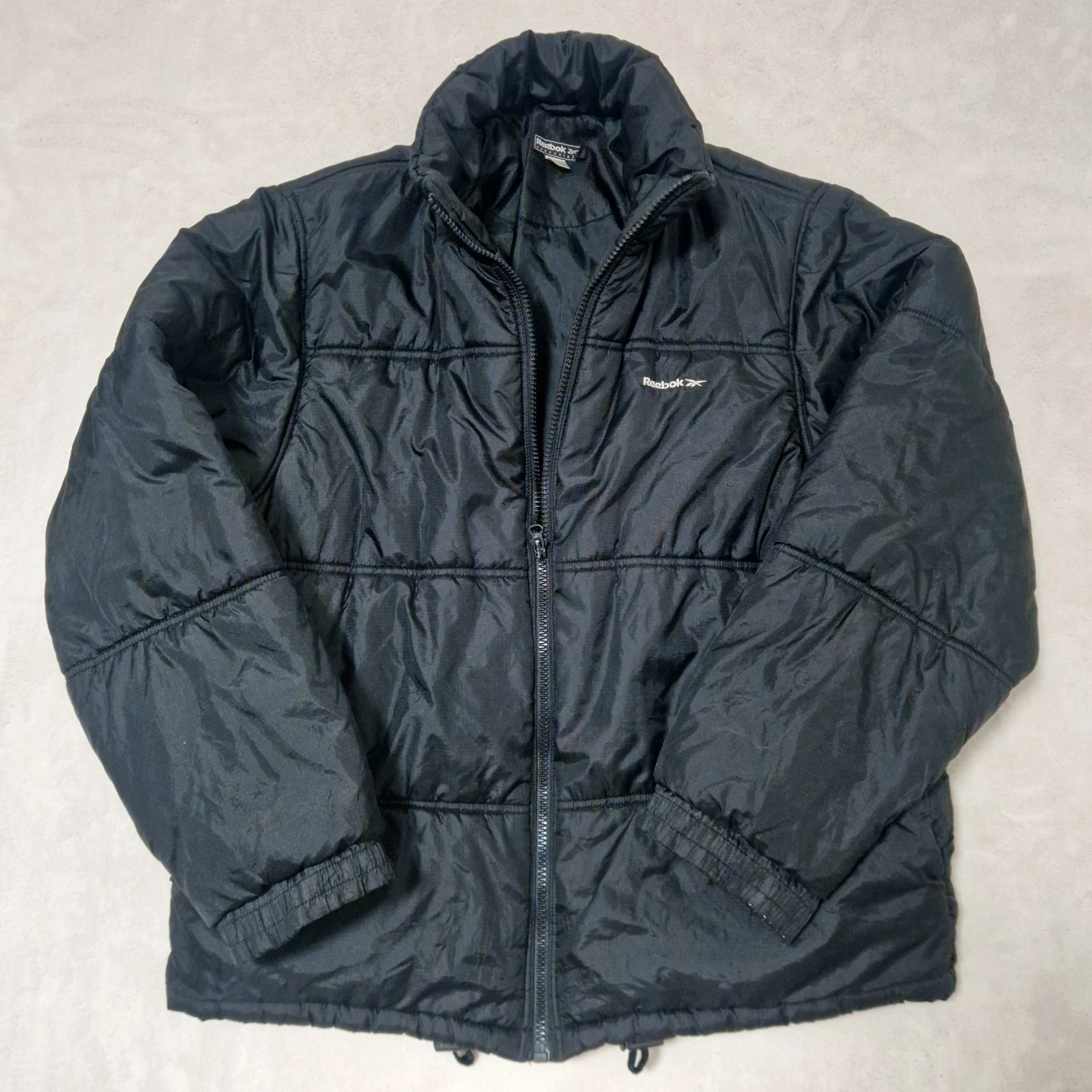 Reebok Jacket Mens XL Black Quilted Puffer Horizontal Stitch Vintage Essentials