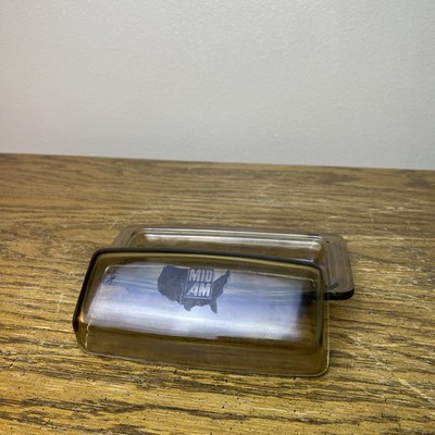 VTG PYREX Amber Smokey Glass Butter Dish MID AM American Dairy Farmers 72-B USA