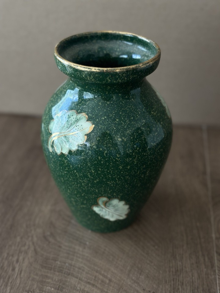 Vintage Italian Majolica Ceramic Vase Mottled Green Gold Leaf Mid Century