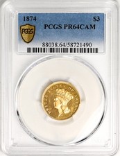 1874 INDIAN PRINCESS $3 PCGS PR 64 CAM