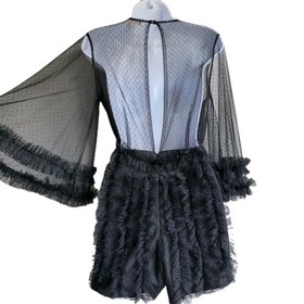 Black Sheer Mesh Ruffled Short Romper Flare Long Sleeve Whimsigoth Fairy Size M