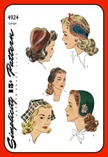 Ladies Hat Pattern 4924 Helmet, Heart Shaped Pill Box, Earmuff Vtg 1944 Size Lg