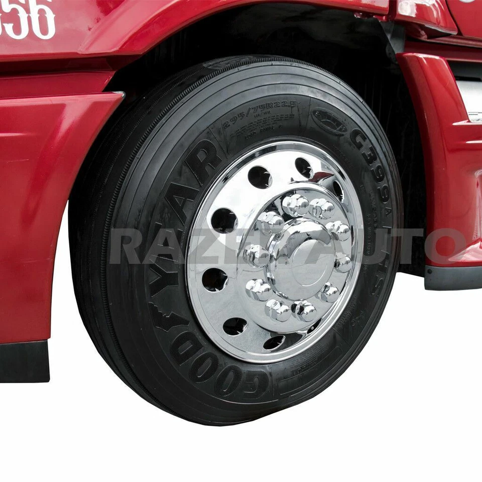 Revestimiento de simulador de rueda delantera triple cromado de 22,5" para camioneta + cubierta de tapas centrales 2 piezas Foto 2 de 4