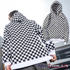 Black White Plaid Checkered Pullover Hoodie Sweatshirt Long Sleeve Hooded Adult