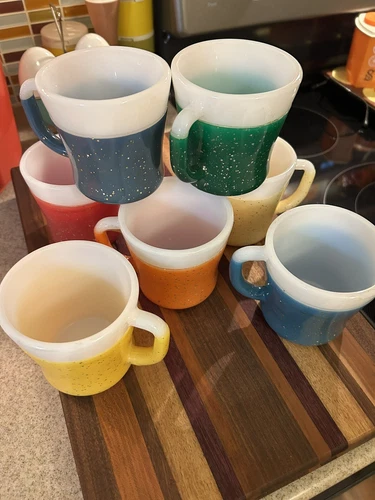 Vintage Fire King Glamalite D Handle Milk Glass Mugs Set of 7 Multicolors