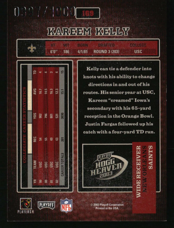 Kareem Kelly 2003 Playoff Hogg Heaven RC /1000 #169 Football Card - Image 2 of 2