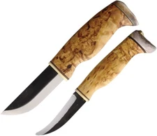 Wood Jewel Fixed Knife Set Carbon Steel Blade Curly Birch Handle w/Brown Sheath