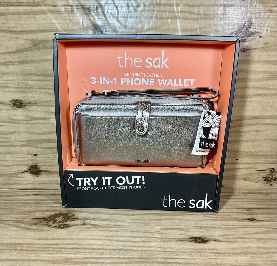 Bolso Bandolera de Cuero The Sak Cartera Metálico Plateado Bronce Tarjetas Telefónicas Correa Foto 3 de 4