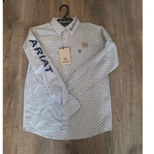 Ariat Boys Western Team Drew Long Sleeve Button Down Shirt L NEW Spell Out