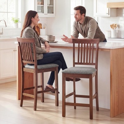 Bar Stools Set of 2, Modern Upholstered Barstools, Gray and Brown