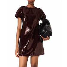 Maje Requina Sequined Mini Dress Bordeaux Wine Red Short Sleeve MFPRO04421 T38