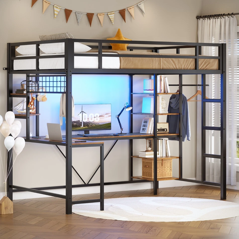 Cama tipo loft tamaño doble con escritorio en forma de L y estantes de almacenamiento, cama tipo loft de metal para adolescentes Foto 3 de 4