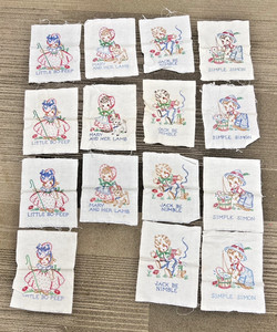 15 Vintage Embroidered Cotton Kiddie Quilt Block Nursery Rhymes Bo Peep