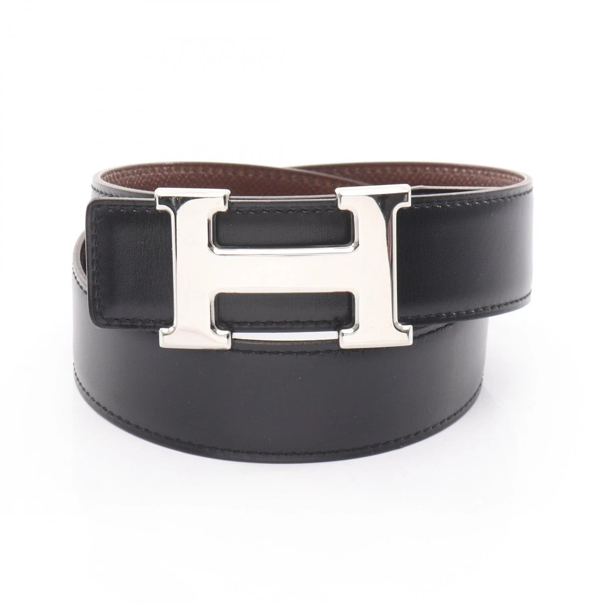 HERMES Womens Waist Belt Black Brown Textured Reversible H Buckle France M Hermes Black x Brown Reversible Belt Gold Hardware – REDELUXE main image 4