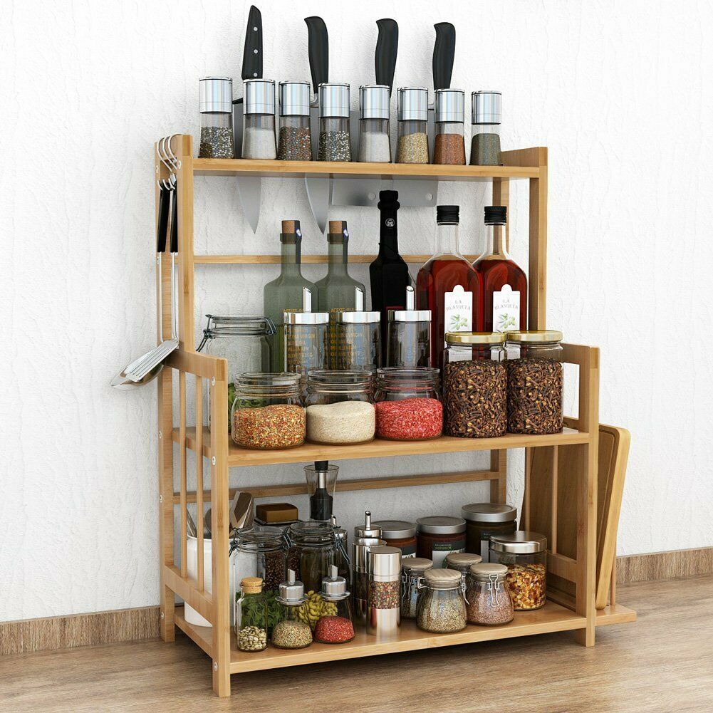 Large Wooden Spice Rack Kitchen Storage Cupboard Tier Table Top Free  Standing