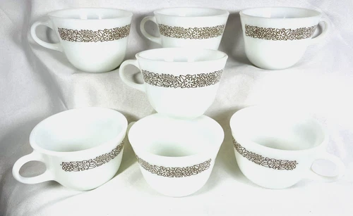 Pyrex Corelle Corningware Woodland Brown Pattern White 8 Oz Coffee Cups Set of 7