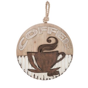 Rustic Round Wood Metal Coffee Sign Plaque Kitchen Wall Decor