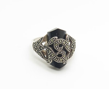 925 Sterling Silver Black Stone Marcasite Ring Size 8