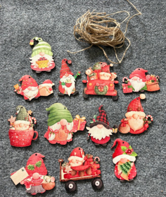 Lot of 10 wooden Christmas tree ornaments Santa Decoration with Strings