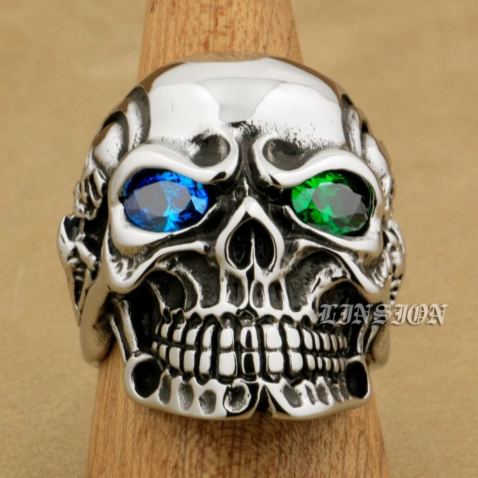 Синий зеленый CZ глаза 316L из нержавеющей стали Titan череп мужской мальчиков мотоциклиста кольцо 3A501D - Изображение 2 из 4