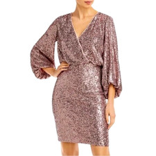 Eliza J Womens Dress Size 6 Pink Sequin Faux Wrap Blouson Sleeve Cocktail Party