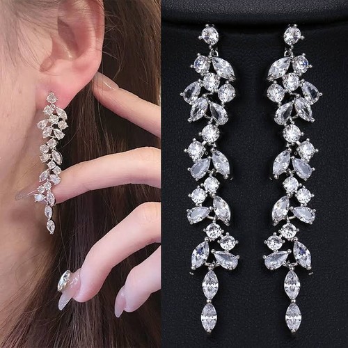 Long Cubic Zirconia Clip On Earrings Drop Dangle Silver Wedding Prom Pageant New - 第 4/7 張圖片