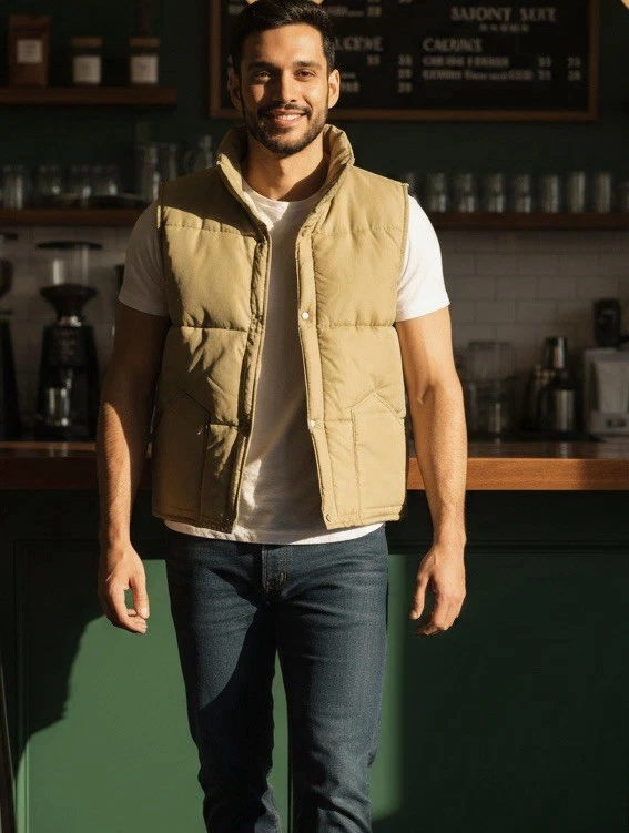 Vintage 70s 80s Mens Puffer Vest Tan Beige Front Snap Western Outdoors Size M