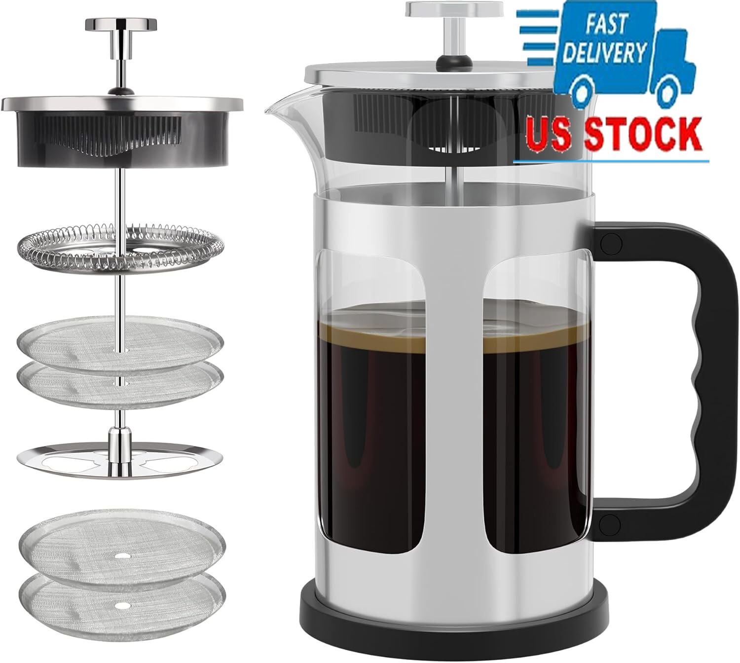 Coffee Or Tea Maker with 4 Filters,Stainless Steel French Coffee Press 36 Oz 
