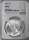 1922-P  $1 PEACE SILVER DOLLAR  "PHILADELPHIA MINT"  NGC MS62 #8678139-056