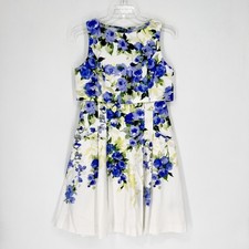 Lauren Ralph Lauren Pleated Sleeveless A Line Size 10 Dress Floral White Blue