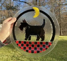 Peggy Karr ? 14” Scotty Dog & Checkerboard Fused Art Glass Plate