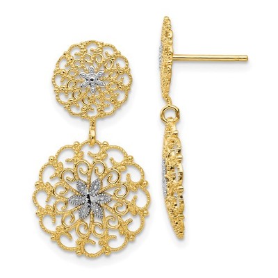 Filigranes Medaillon Ohrhänger Damen 14K und weiß Rhodium Diamantschliff
