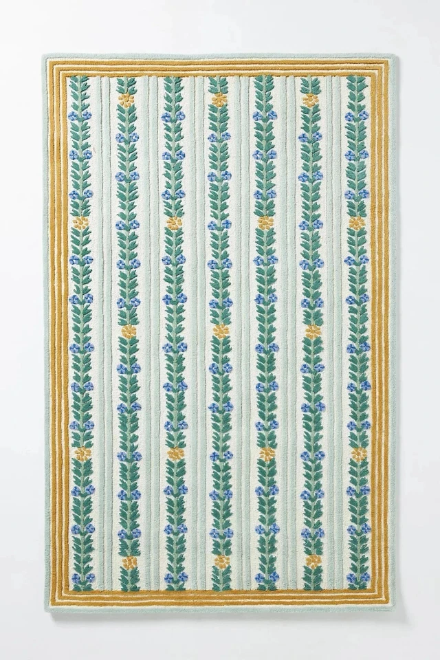 Handmade Wool Tufted Rug Cottage Striped Floral Green Country Style Rug - Image 2 of 3