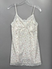Frankies Bikinis Slip Dress Womens Small White Pink Floral Lace Trim Made USA